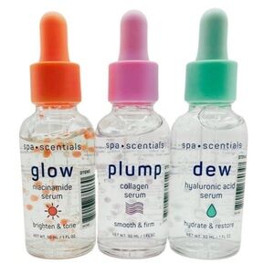 Spa•Scentials Glow, Plump, Dew Facial Serums Full Size Set of 3 Spa Essentials